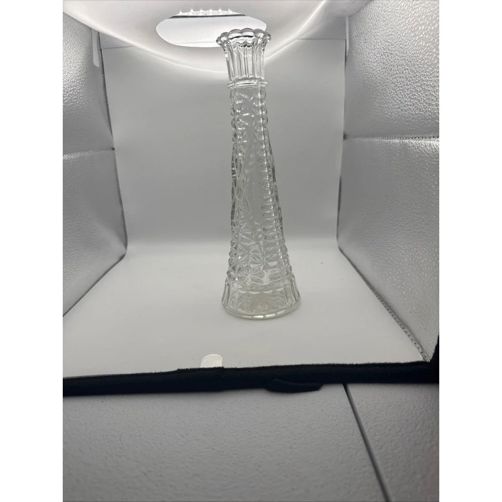 Vintage Clear Pressed Glass Bud Vase Daisy and Button Scalloped Rim 9 Inch